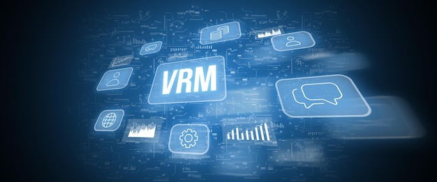 Концепция VRM или Vendor Relationship Management Бизнес-аббревиатура Голографические значки и текст