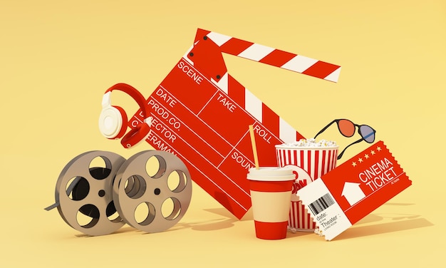 The concept of watching movies online at home crapperboard
surrounded by movie equipment movie tickets film reels movie
cameras popcorn and drinks isolated on background 3d rendering