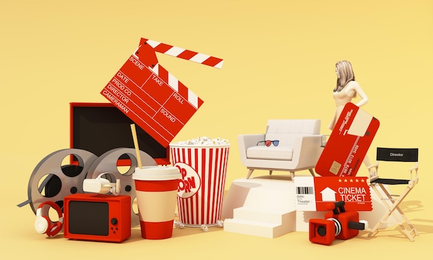 The concept of watching movies online at home credit card
surrounded by movie equipment movie tickets film reels movie
cameras popcorn and drinks with armchair chairs and women 3d
rendering