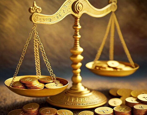Concept of Wealth and poverty golden coins scales with numbers