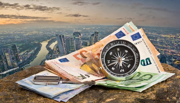 富と貯蓄の概念 ユーロ紙幣とコンパス