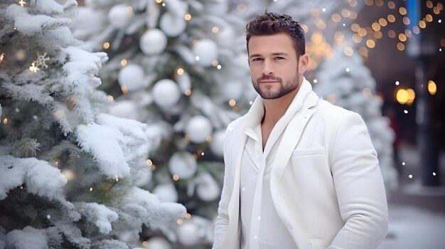 Concept of winter holidays christmas and lifestyle portrait of confident attractive guy in white
