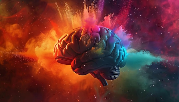 Concept with a brain exploding in colorful holi powder
