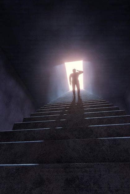 사업가가 계단에 서서 희망을 찾는 밝은 하늘을 바라보는 개념 사실적 3d 렌더링