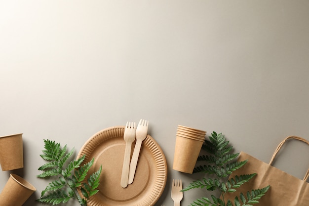 Concept with eco - friendly tableware and plant on grey, copy space