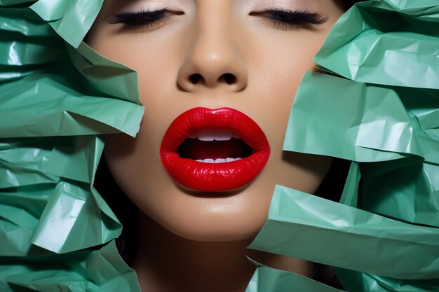 Photo concept woman fashion red hairstyle perfect green lips paper color face beauty studio