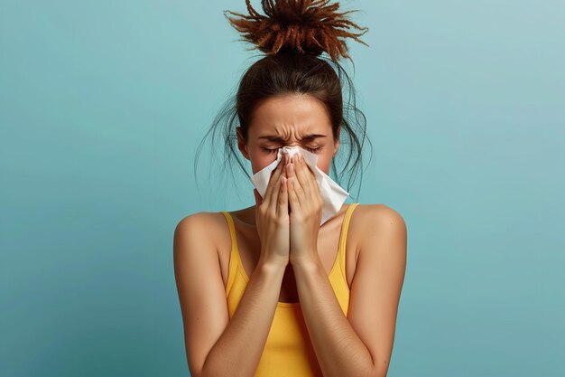 Concept Woman sneezing into a paper tissue Generative Ai