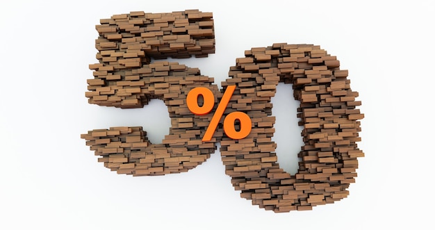 Photo concept of wooden bricks that build up to form the 50% off,
promotion symbol, wooden 50 percent . 3d render