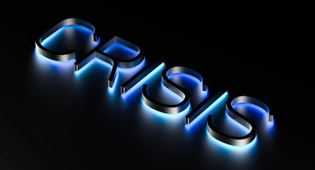 コンセプトワードCRISISネオンブルーのイルミネーションで危機の言葉黒の背景に分離されたCRISIS3Dレンダリングイラスト