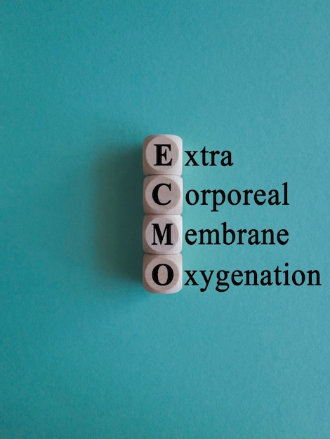 Concept words 039ECMO Extra Corporeal Membrane Oxygenation039 on wooden cubes