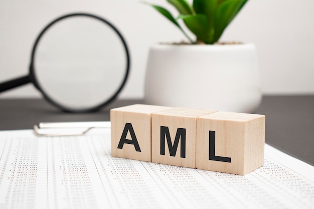 Photo concept words aml on wooden blocks on the table business concept