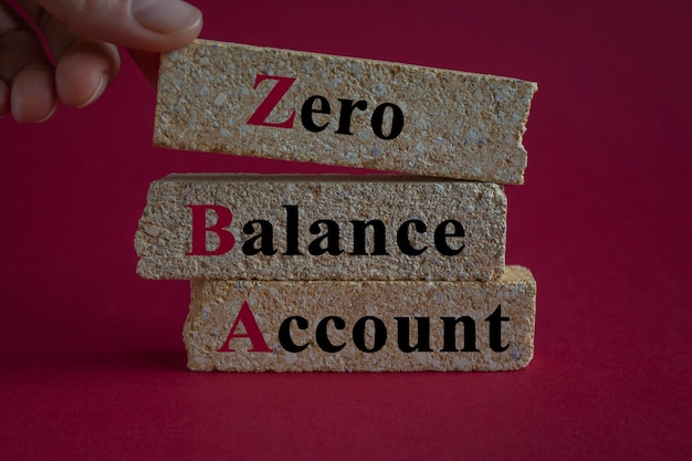 Concept words ZBA zero balance account on beautiful brick blocks Beautiful red background