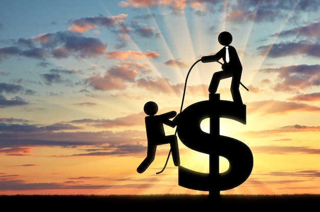 Concept of working in a business team. Man standing on a dollar sign, gives the rope a man to achieve joint success