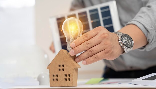 Foto concetto di lavoro per l'energia pulita e il risparmio energetico in natura tenendo a mano la lampadina sul modello di casa e il pannello solare