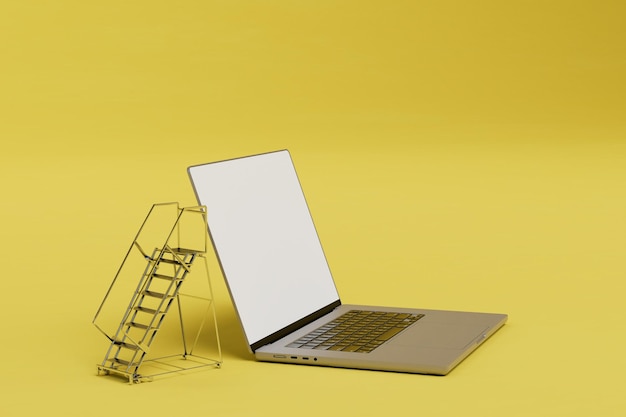 The concept of working online stairs leading to an open laptop on a yellow background 3D render