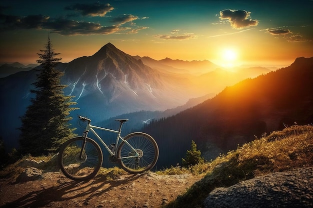 Concept of World Bicycle Day on top of mountain against background of morning sun AI generated