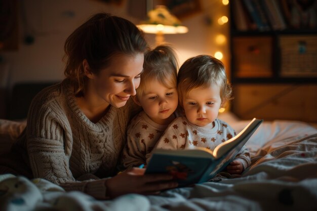 Photo concept world book day mother reads a book to two children generative ai