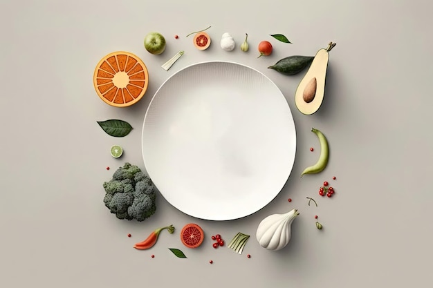 世界食糧デー・ベジタリアン・デーとビーガン・デーのコンセプトプレートに文字が入った上から新鮮な果物と野菜、白い紙の背景
