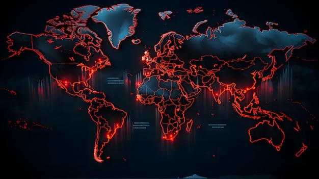 글로벌 디지털 지도에 묘사된 전 세계 랜섬웨어 영향의 개념