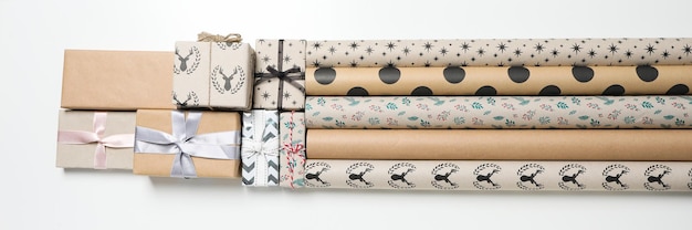 Photo concept of wrapping gift composition with wrapping paper