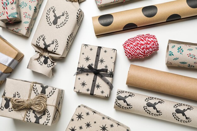 Photo concept of wrapping gift composition with wrapping paper