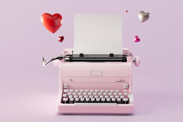 恋愛小説を書くというコンセプト白いシートの上にハートのある古いタイプライター