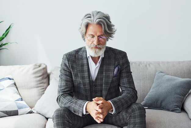 Conception of beautiful style Senior stylish modern man with grey hair and beard indoors