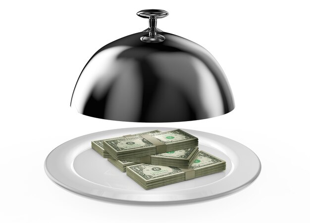 Concepts of fast money credit money hundred dollar bills in Restaurant cloche with open lid 3d render