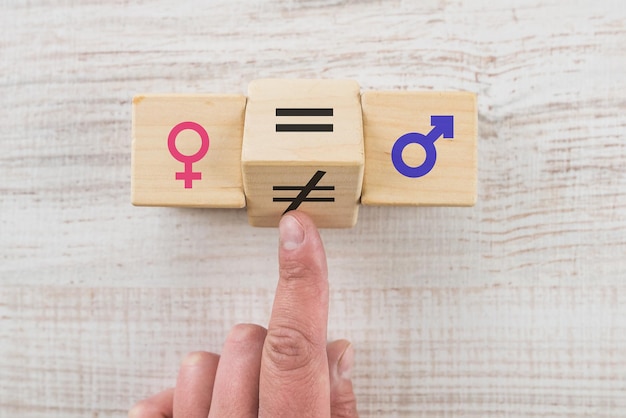 Concepts of gender equality Hand flip wooden cube with unequal symbol changing to equal sign