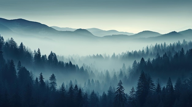안개가 자욱한 겨울 침엽수림 언덕과 계곡에 묘사된 환경 생태 기후 변화 및 지속 가능성과 관련된 개념
