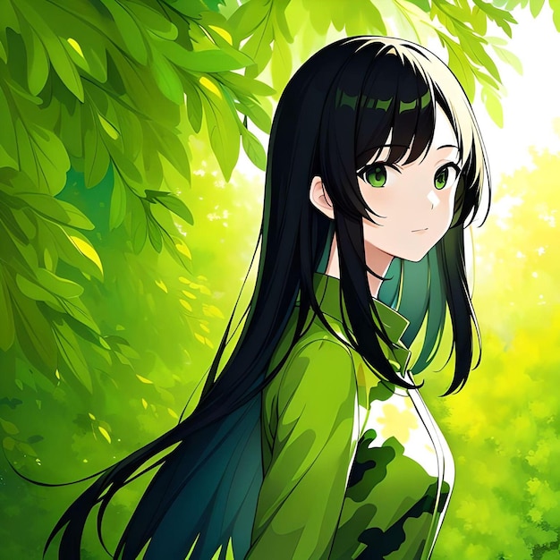 Conceptual 2D Cute Anime Girl with Long Black Hair and Green Eyes Smiling Leafy Background