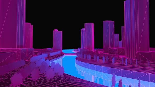 Photo conceptual 3d illustration of a night city with lighting from glowing water 3d rendering