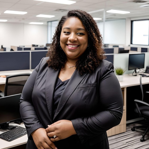 Conceptual 3D Illustration of Plus Size Manager Smiling in The Office Looking at Camera