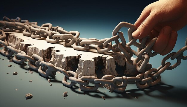 a conceptual 3D poster with a broken chain link being repaired