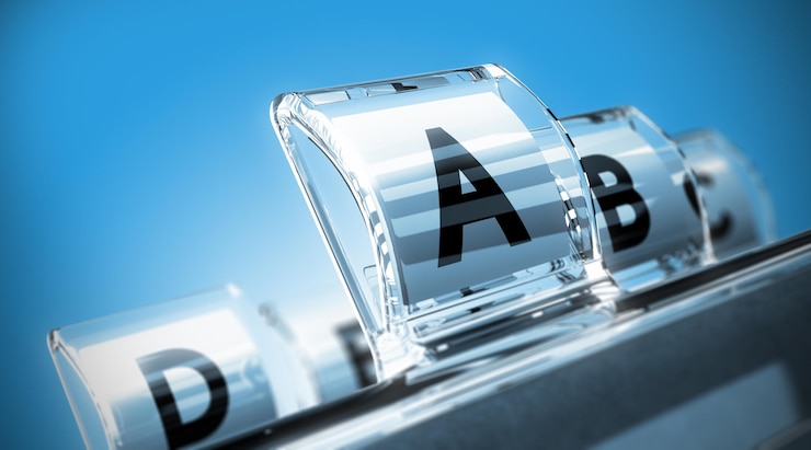 Photo conceptual 3d render image with focus on the a letter, blur effect. directory in alphabetical order with blue tones
