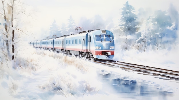 Conceptual Art Manned Train Winter Watercolor Painting In Japan