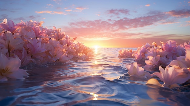 Conceptual art piece where the hurricane is made of vibrant flower petals swirling over a calm ocean in the soft light of dawn