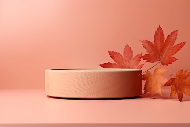 Conceptual autumn scene showcasing a high quality brown wooden box cylindrical podium and maple leav