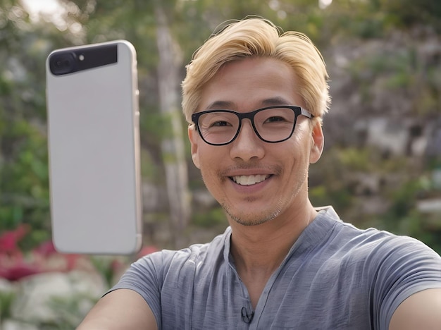 Photo conceptual blonde asian guy with glasses looking at camera with floating smartphone portrait