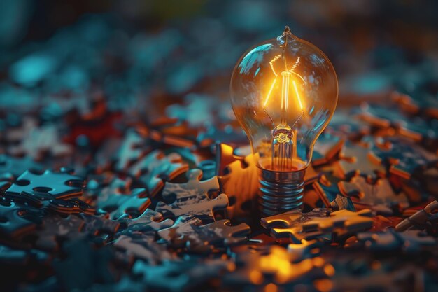 Conceptual brilliance light bulb intricately merged with pieces of a jigsaw puzzle