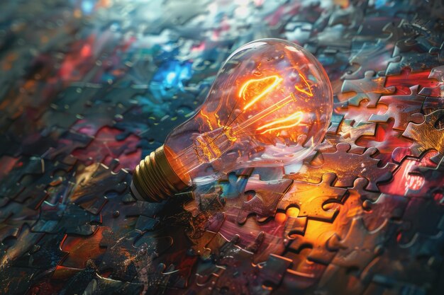 Conceptual brilliance light bulb intricately merged with pieces of a jigsaw puzzle