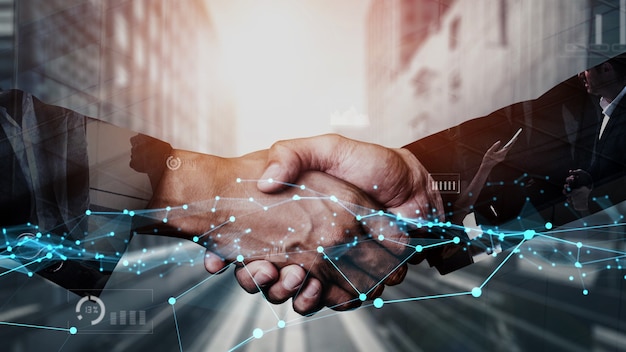 conceptual business handshake with dashboard for financial data analysis