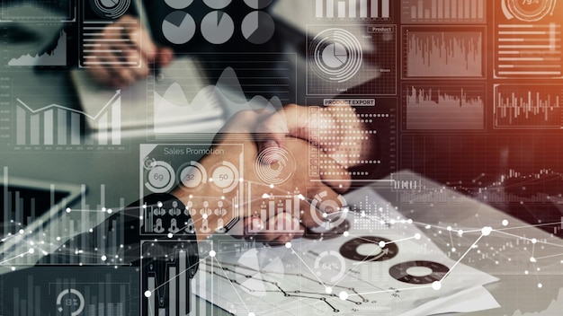 Conceptual business handshake with dashboard for financial data analysis