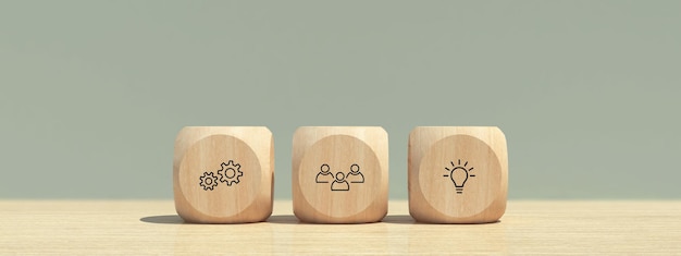 Conceptual business illustration with wooden cubes and icons