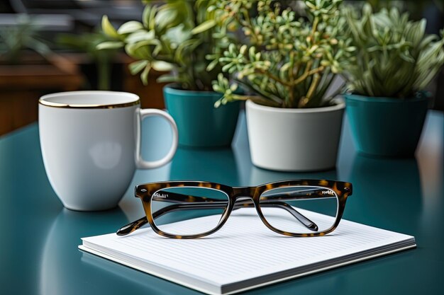 Conceptual closeup of a pair of glasses an espresso cup a black notepad a pencil and a white t