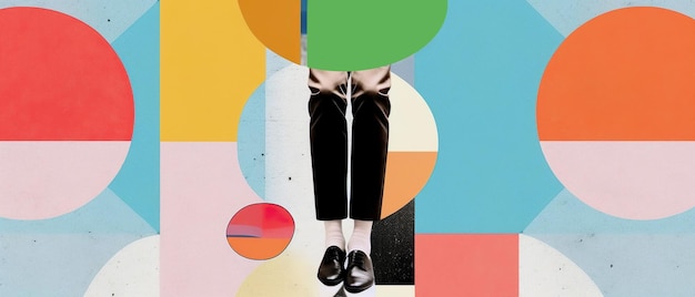 conceptual contemporary art collage male legs stacking round on pastel geometric background