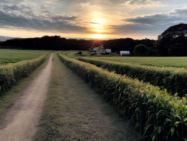 Conceptual Countryside View with Greeneries in The Farmlands during Sunset Illustration