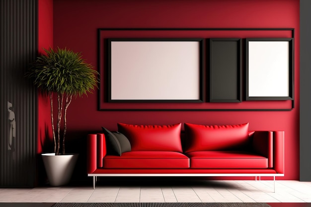 Conceptual crimson interior with black frames and furniture