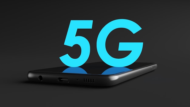 Фото Концептуальный дизайн синего неонового текста 5g над смартфоном, лежащим на черном фоне
