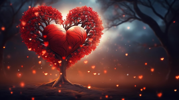 Conceptual digital art illustration for Valentine's Day Heartshaped red love tree Generative AI